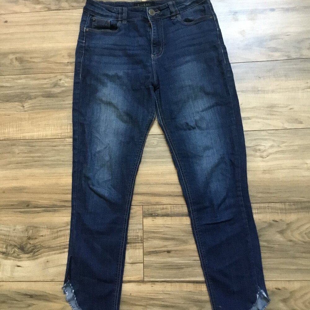 ENJEAN Denim Co Women's Cropped Jeans Denim Skinny Ripped Hem High Rise Blue 9